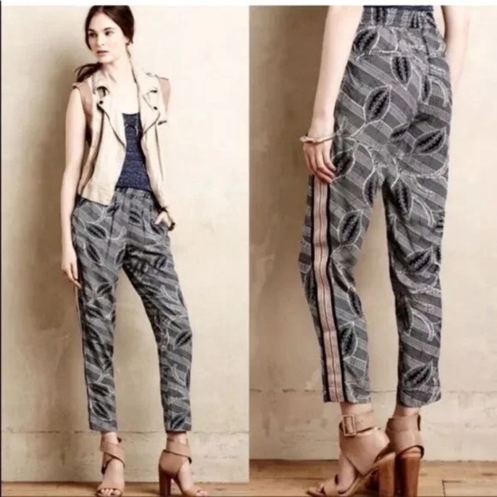 Anthropologie HEI HEI Lourinha Jogger Pants Navy Red Stripe Leaf Print Size Sm